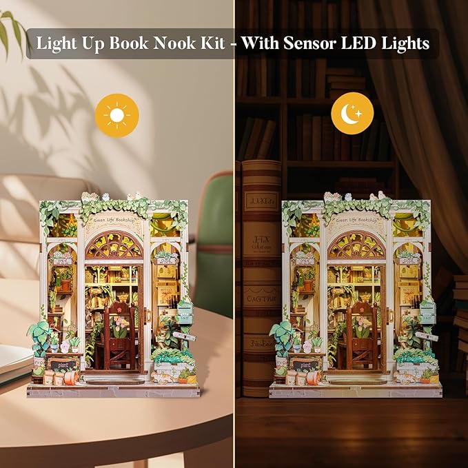 Fsolis Book Nook Kit, 3D Wooden Puzzles for Adults, 196 pcs, DIY Miniature Puzzle Room Kit Tiny House Bookshelf Decor Gifts for Women Teenagers Book Lovers (Green Life's Bookshop)