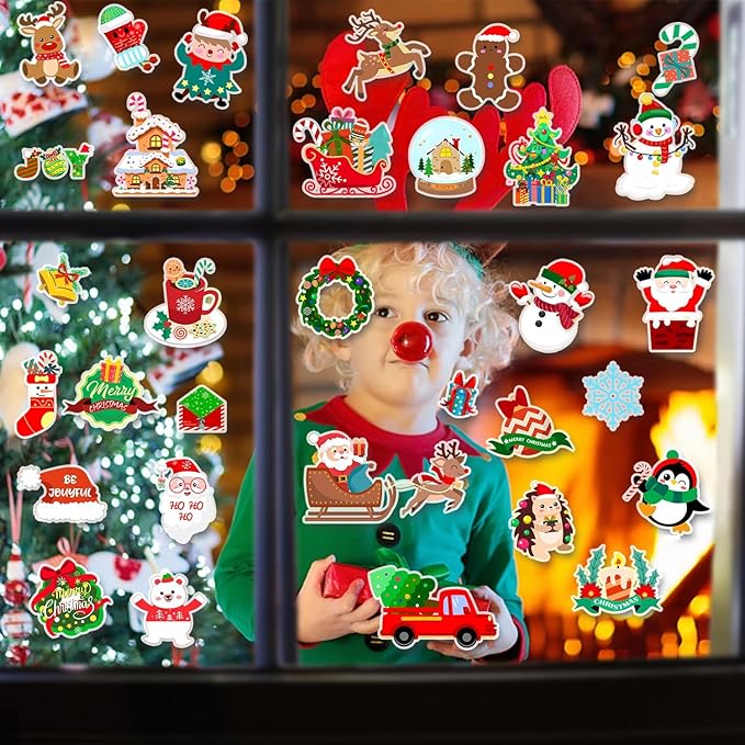Window Clings Stickers for Kids Window Gel Clings Decals Thick Gel Clings Toddlers and Adults Classroom Home Nursery Airplane Birthday Party Supplies (Merry Christmas)
