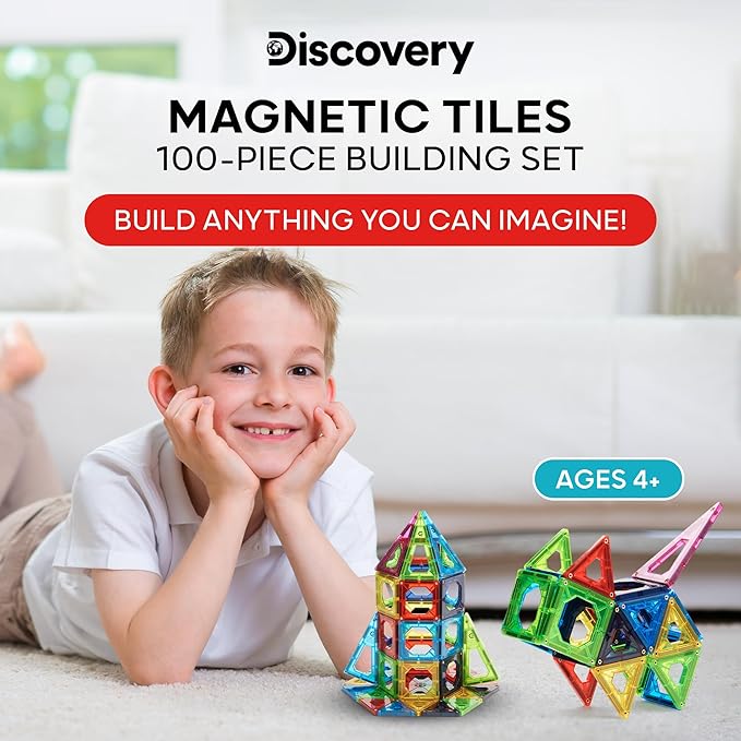 Discovery 100-Piece 3D Magnetic Tile Set [Amazon Exclusive] Construction Building Block Creativity Kit, Educational Learning STEM Toy, Safe Non-Toxic Engineering Development Preschool Activity