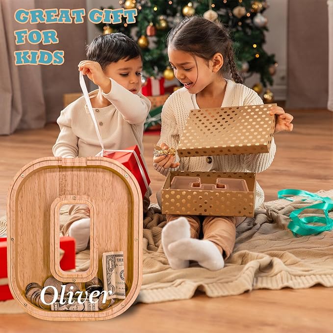 Wooden Letter Piggy Bank for Kids Larger Alphabet Letter Bank for Boys Initial Coin Bank Personalized Piggy Bank Wood Money Save Box for Birthday and Festival-Upgrade 9"" O Piggy Bank