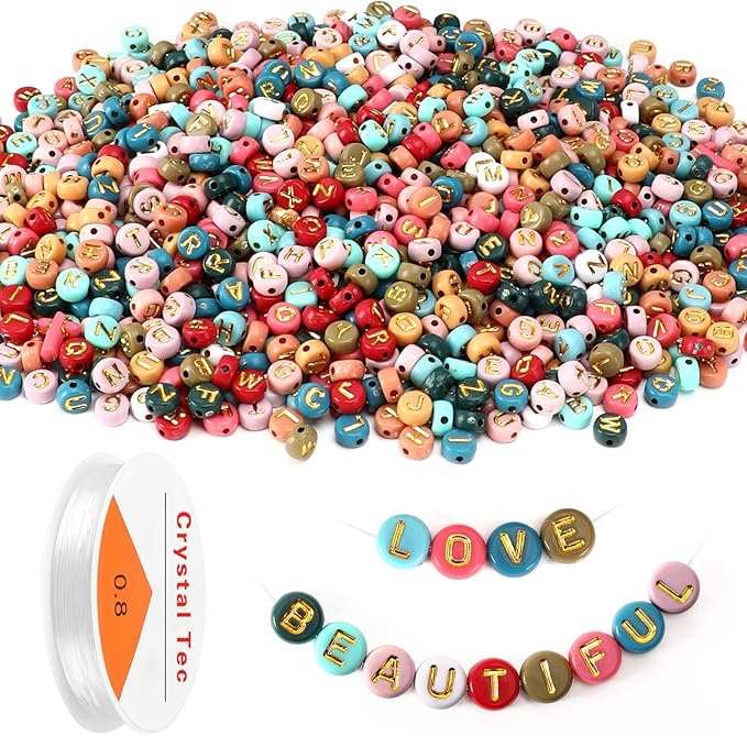 Colored Letter Beads, DECYOOL 1900Pcs 4×7mm Colorful Gold Acrylic Alphabet Beads with 1 Roll Elastic String for Bracelet Necklace Jewelry Making Supplies