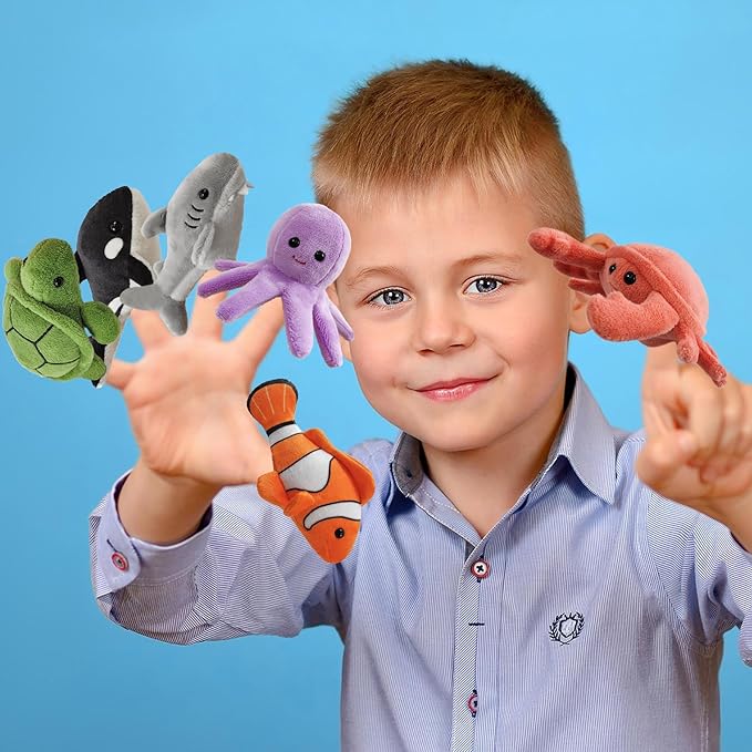 6pcs sea Finger Puppets with a Shell House, Novelty Animals Toys Puppet for Kids, Storytelling Role-Playing Plush Finger Puppets Gifts for Boys and Girls