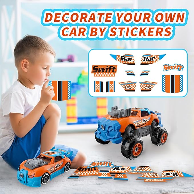3-in-1 Take Apart Car for Boys Ages 3 4 5 6 7, Building Toys with Electric Drill, 43 Pcs Construction Toy Truck, Build Your Own Car with Play Tools, Ideal STEM Gift for Kids Children (Orange)