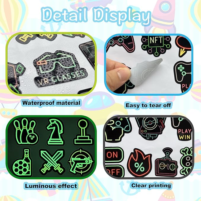 52 Pcs Glow in The Dark Neon Game Stickers for Kids, Water Bottle Stickers for Kids Vinyl Waterproof Gaming Laptop Decals for Teens Girls Boys