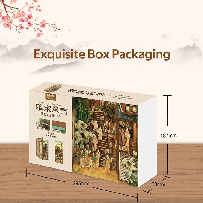 Tonecheer DIY Book Nook Kit for Adults, Wooden 3D Puzzle Bookend Bookshelf Insert Decor, Chinese Booknook Miniature House Kit with Dust Cover and Body Motion Sensor LED (Song Dynasty Culture)