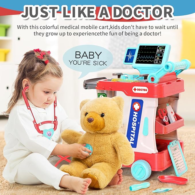 Doctor Kit for Kids, Pretend Doctor Playset for Toddlers with Cart, Costume and Stethoscope, Role Play Medical Toy for Girls Boys Toddlers 3-8 Birthday Gifts (Pink)