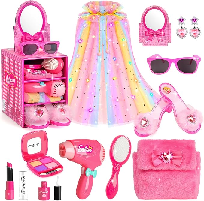 Princess Light Up Cape Dress Up Shoes, Kids Pretend Makeup Set for Girls Pretend Play Beauty Hair Salons Toys Gift for 3-6 Toddler Little Girls