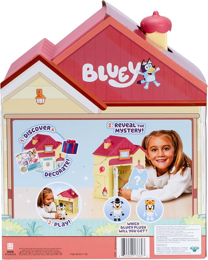 Bluey Play Date Plush Surprise, Decorate House with Stickers, Attach The Play Time Sign, Then Open The Door for a Surprise to Appear, Style May Vary