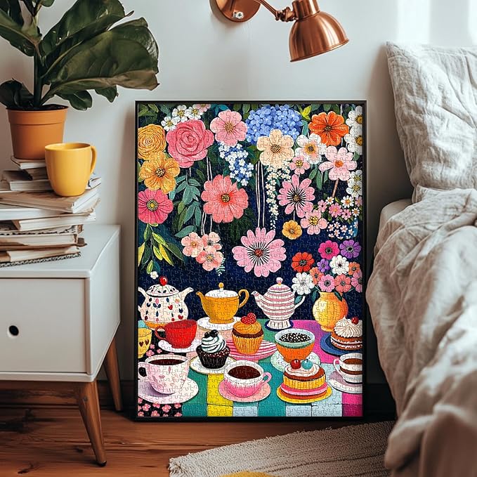 Flower 1000 Piece Puzzle for Adults, PICKFORU Colorful Tea Cups Wildflower Garden Jigsaw Puzzles, Hard Difficult Cupcake Afternoon Tea Theme as Art Decor