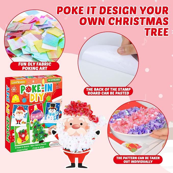 Lonfliness 8PCS Poke-in Craft and Art Kits Kids Christmas No-Mess Fabric Sewing Art Girl Boy 4-12 Puzzle Puncture Painting Santa Snowman Gingerbread Xmas Toy Gift Creative Activity Game Birthday Party