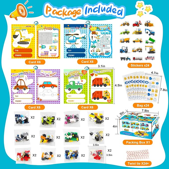24PCS Valentines Day Gifts for Kids, Building Blocks with Valentines Cards for Kids Classroom, Valentines Gifts School Exchange Party Favors for Kids Boys Girls