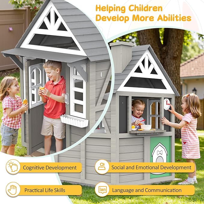 Kids Playhouse Outdoor,Wooden Play House Playset for Kids, Large, Sturdy, Realistic Design with Kitchen, Doorbell, Flower Pot, Stove, Sink & Clock, Perfect for Kid Ages 3-8 (Gray)