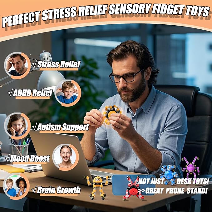 4Pcs Transformable Fidget Spinners for Kids Fidget Toys Teens Adults Sensory Toys with Autism ADHD Stocking Stuffers Bulk Gifts for Boys Girls Party Favors Travel Activities
