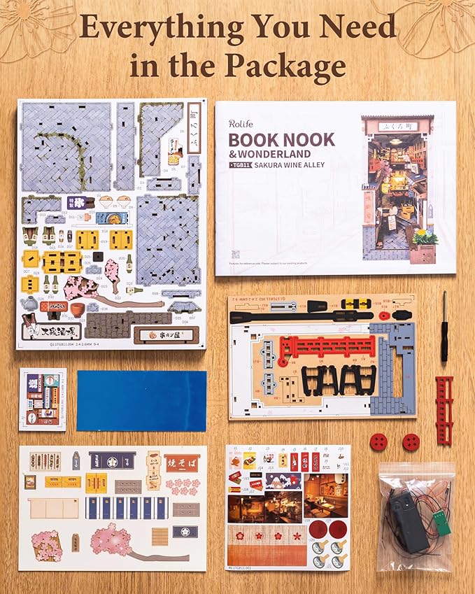 Rolife DIY Book Nook Kits for Adults, Miniature Dollhouse Booknook Kit, 3D Wooden Puzzle Creative Decorative Bookends Bookshelf Diorama Insert Crafts Hobbies Gifts (Sakura Wine Alley)