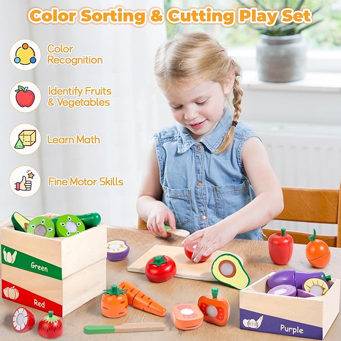 Wooden Play Food for Toddlers, Color Food Groups, Fruit & Veggies Cutting Set, Pretend Play Food Kitchen Accessories for 3 4 5 6 7 Years Old Boys & Girls