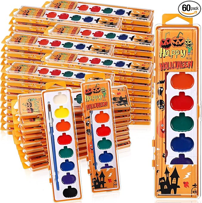 Halloween Pumpkin Watercolor Paint Set for Kids 8 Washable Colors with Brushes Water Color Painting Kit for Halloween Painting Kit Gift Party Supplies (60 Pack)