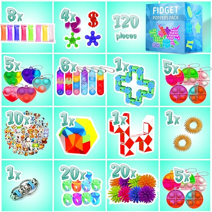 Fidget Toys, 120 Pack Fidgets Set Stocking Stuffers for Kids Party Favors Autism Sensory Toy Bulk Adults Kids Boys Girls Teens Stress Autistic ADHD Anxiety Carnival Treasure Classroom Prizes