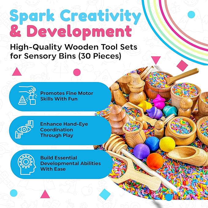 Rainbow Rice and Sensory Bin Tools (10 Pieces), Wooden Sensory Bin Tools and Scoops with Chemical-Free and Food-Safe Rice, Table Tools for Fine Motor Skills