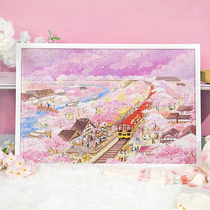 MOMIBOOK 1000 Piece Puzzle for Adults Jigsaw Puzzles of Arashiyama Sakura Tour, Painting Image Cherry Blossom Difficult Challenging Impossible Puzzle Unique Party Christmas Birthday Gifts