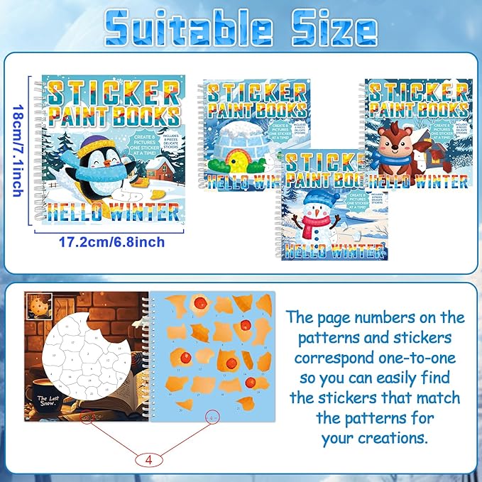 6Pcs Hello Winter Paint by Sticker Books for Kids Ages 4-8 Sticker by Number Books Activity Book for Kids Ages 3-5 Sticker Puzzle Book Xmas Craft Art Toddler Girl Gift with Snowman Penguin 48 Pictures