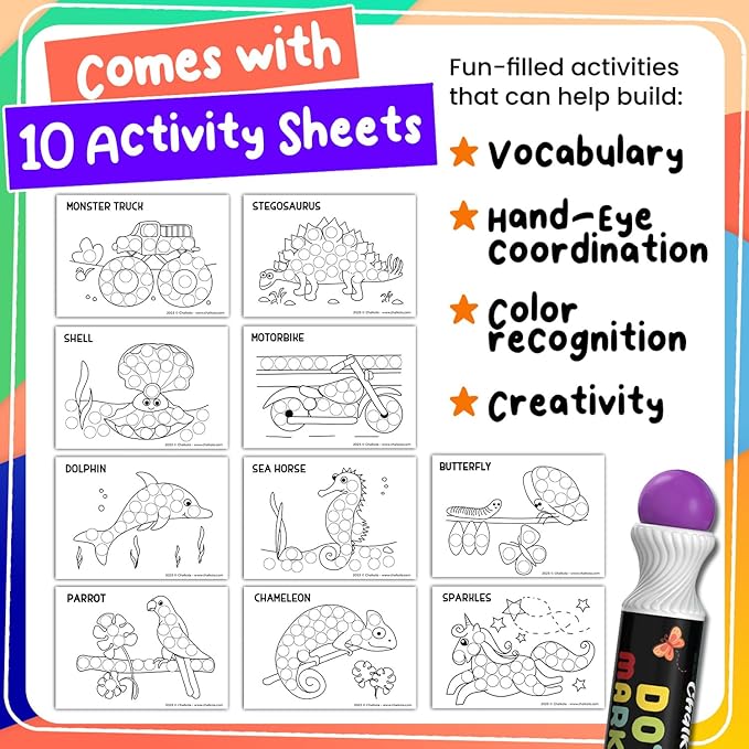 Chalkola 8 Washable Dot Markers for Toddlers 1-3 | with 20 Page Coloring Activity Book Kit, Bingo Daubers | Preschool Paint Dot Art Set - Toddler Arts and Crafts Supplies for Kids Ages 2-4 Years Old