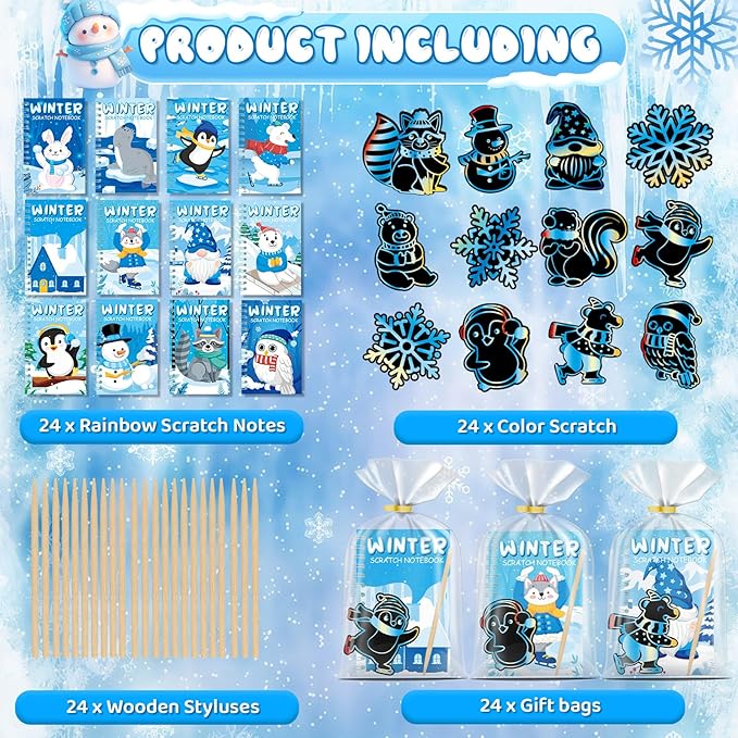 24 Pack Winter Scratch Art Party Favors for Kids - Rainbow Scratch Paper Snowflake Penguin Scratch Off Cards Frozen Birthday Goodie Bags Stuffers - Return Christmas Gifts DIY Classroom Prizes
