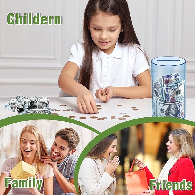 Clear Piggy Bank for Adults/Kids, Acrylic Unopenable Money Box for Cash Coin Saving, Must Break to Open, Money Saving Jar for Adults Boys Girls, Size 8" H x 5" Diameter(Blue)