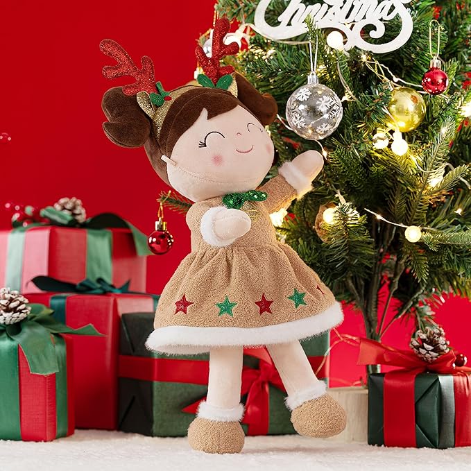 Gloveleya Christmas Reindeer Girl Plush Doll – 16" Soft Stuffed Animal Holiday Toy with Antlers, Gift Box & Card, Xmas Present for Toddler Girls, Baby Shower & Birthday Gift