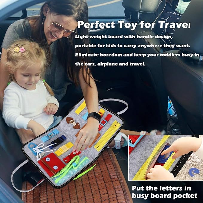 Esjay Toddler Busy Board, Sensory Board for Fine Motor Skill, Montessori Toys Toddler Activities for 3+ Year Old, for Travel, Car, Grey Alphabet