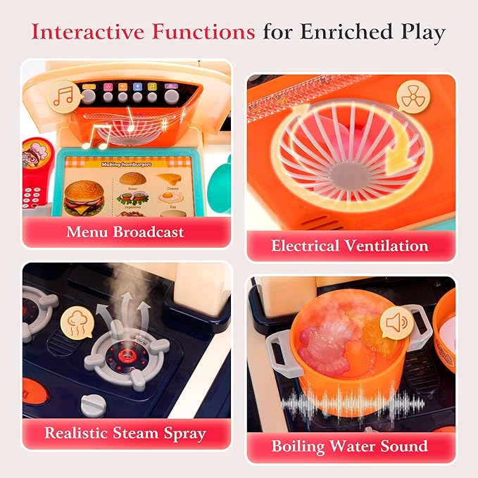 【2025 Upgraded】 Kitchen for Kids Interactive Play Kitchen for Kids Toddlers-Lightweight Easy-Install Pretend Kitchen with Tablet Ordering, Music, Lights Sounds, Steam Stove, Sink & Dishwasher(Blue)