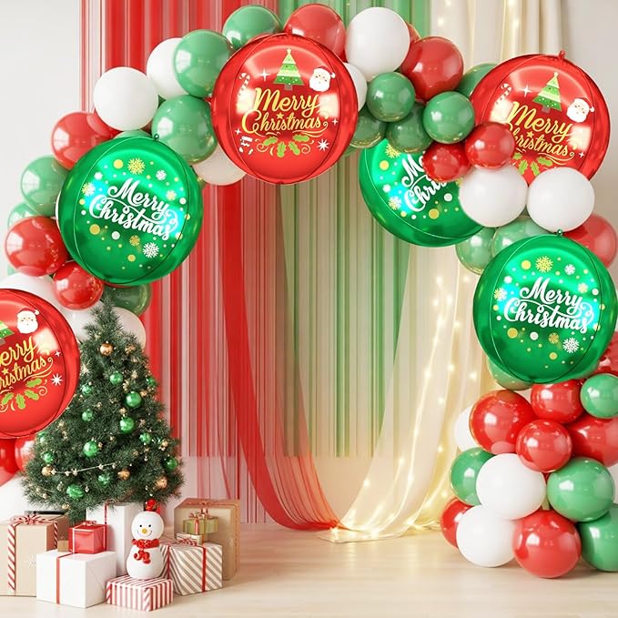 Xmas Foil Balloons Red Green Merry Christmas Printed, 6 Pcs Xmas Round Balloons, 22 Inch Big Round Foil Balloon For Christmas Party Decorations