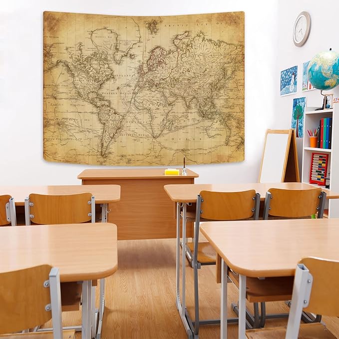 GOAOK Old World Map Tapestry, Vintage Map Geographical Distribution Tapestry Wall Hanging, Brown Historical Atlas Educational World Map Poster for Classroom Bedroom Living Room Office 40x30 Inch