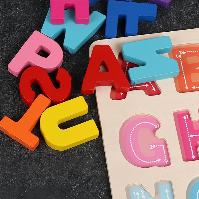 Alphabet Puzzle Wooden Puzzles for Toddlers, Alphabet Learning Toys ABC Shape Puzzle Wood Montessori Preschool Early Education Learning Toys for Kids Toddlers Girls Boys Kindergarten