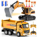 Remote Control Excavator and Dump Truck Toy Set - RC Construction Vehicles Toy with Barricades, Road Signs, Simulated Rocks, Lights and Sounds, Birthday Gifts for Toddlers 3-12 year Boys Girls