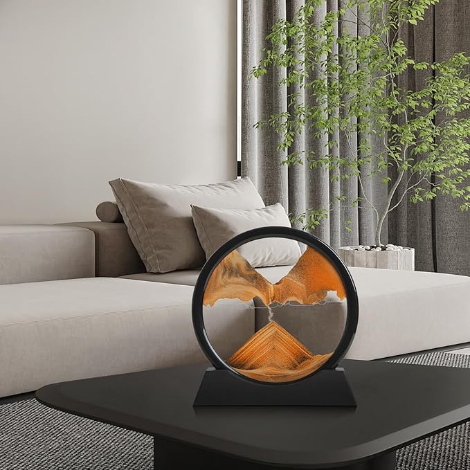 Moving Sand Art Liquid Motion, 3D Deep Sea Sandscape Color Quicksand Decor, Round Glass Moving Sand Art Picture Relaxing Desktop Home Office Work Decor (Orange, 7 inch)