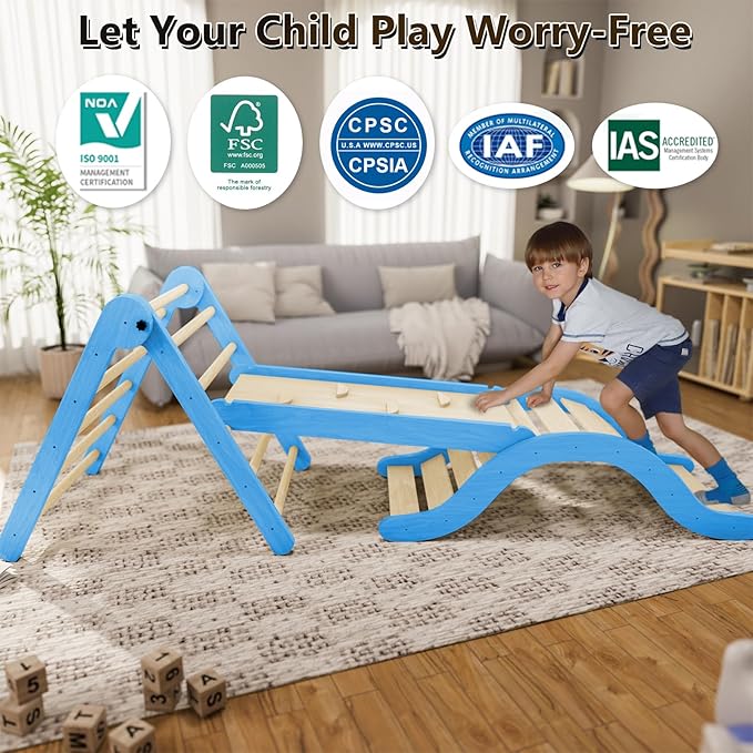 Pikler Triangle Set Climber 5 in 1, Toddler Climbing Toys Indoor Folding with Ramp & Arch & Mat for Montessori Play Gym for Toddlers and Kids (Blue)(105" Wx25 Dx31.5 H)