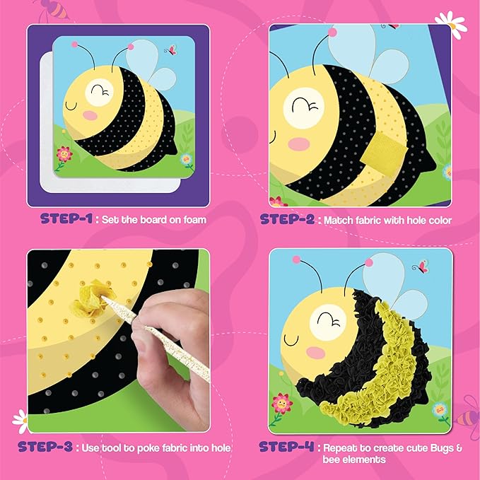jackinthebox Poke Poke Art – Bugs Theme, Mess-Free Fabric Art and Craft, Flower Pressing Kits, Gift for Kids, Toys for Girls and Boys Ages 4 5 6 7 8