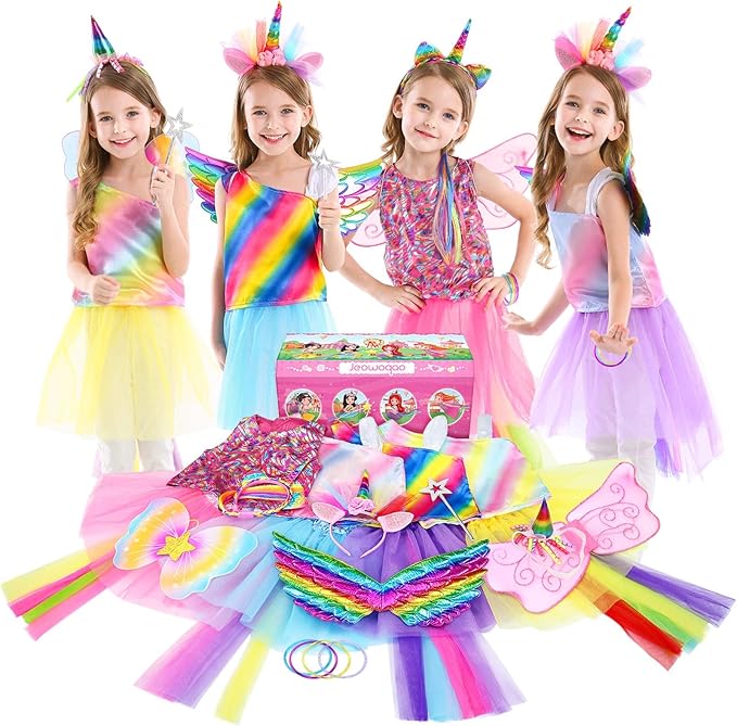 Jeowoqao Girls Unicorn Princess Dress up Trunk Set 19 Pcs, Girls Rainbow Unicorns Costume, Toddler Girls Dress up Clothes Pretend Play Costumes for Little Girl Ages 3 4 5 6