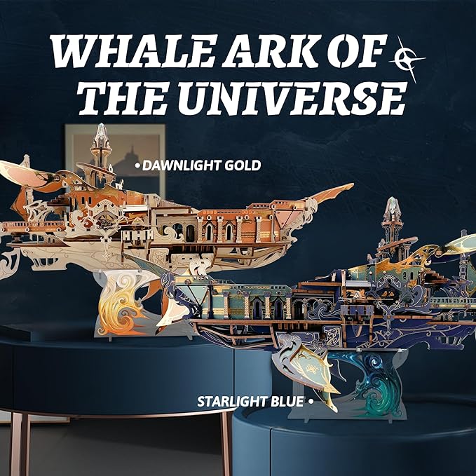 DIY 3D Wooden Puzzle Whale Spaceship,Miniature Wooden Dollhouse Model for Adults to Build,Gifts for Family Friends - Whale Ark of The Universe (Starlight Blue)