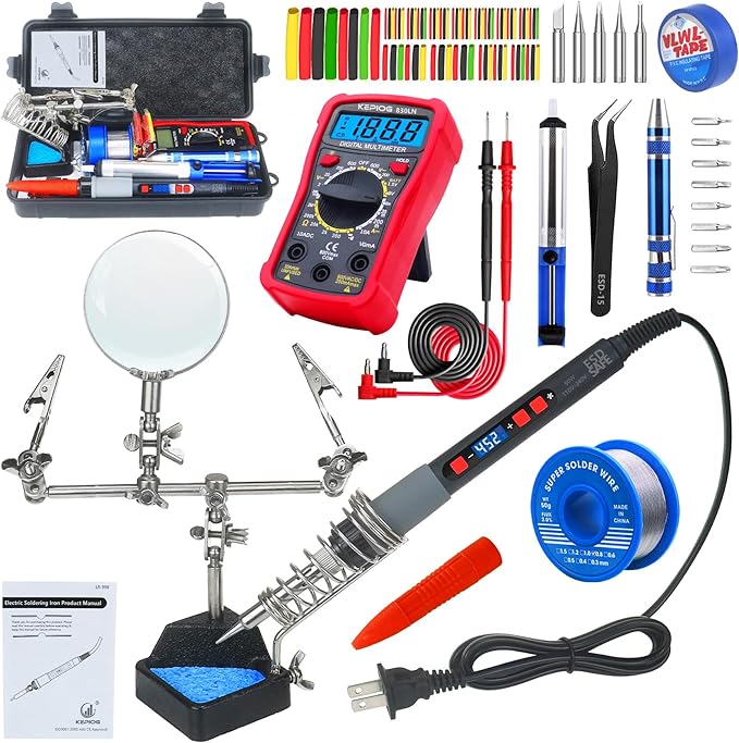 Soldering Iron Kit, 80W Electric Solder iron, Adjustable Temperature (180°C- 500°C）, With Multimeter, Magnifier Welding Helping Hand, Heat shrink tubing, Solder Wire, Desoldering pump.