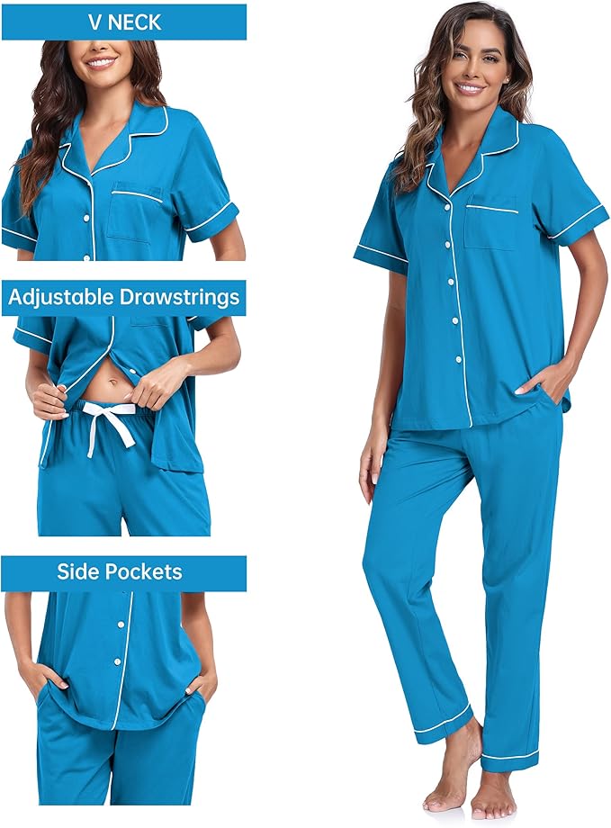 CF Womens 100% Cotton Pajamas Set Button Down Pjs Sets Short Sleeve Top & Long Pants Sleepwear Comfy Loungewear with Pockets