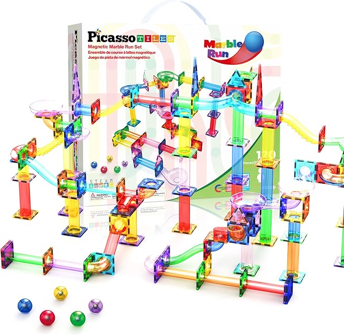 PicassoTiles 120pc Magnetic Tile Marble Run Set STEM Construction Toy with Track Building Blocks Educational Learning Compatible for Brain Development Creativity Coordination Kids Age 3 Plus PTG120