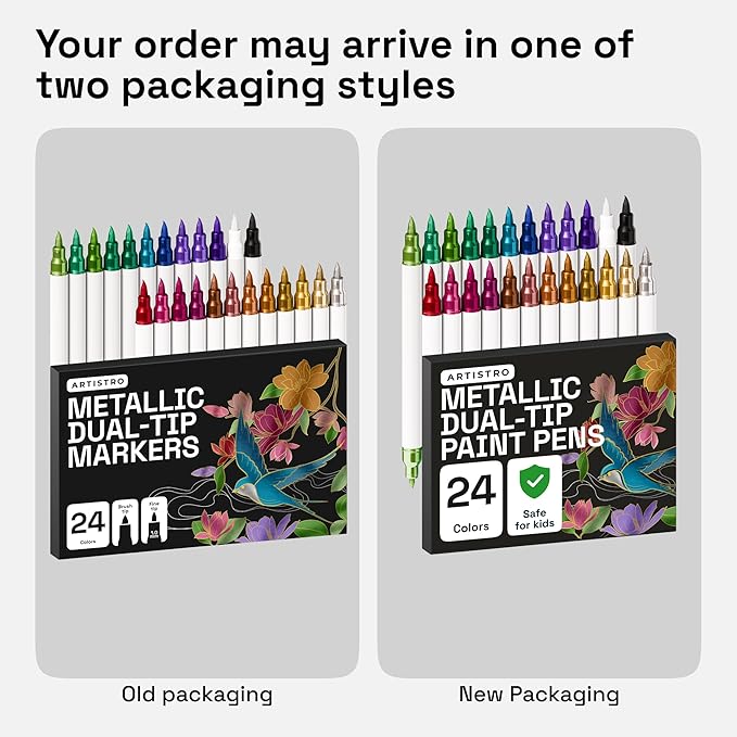 ARTISTRO 24 Metallic Dual Tip Brush + Fine Acrylic Paint Pens Ideal for Calligraphy - Paint Markers for Fabric, Rock, Glass, DIY - Stocking Stuffers, Christmas Gift Idea for Teens, Grandkids, Kids