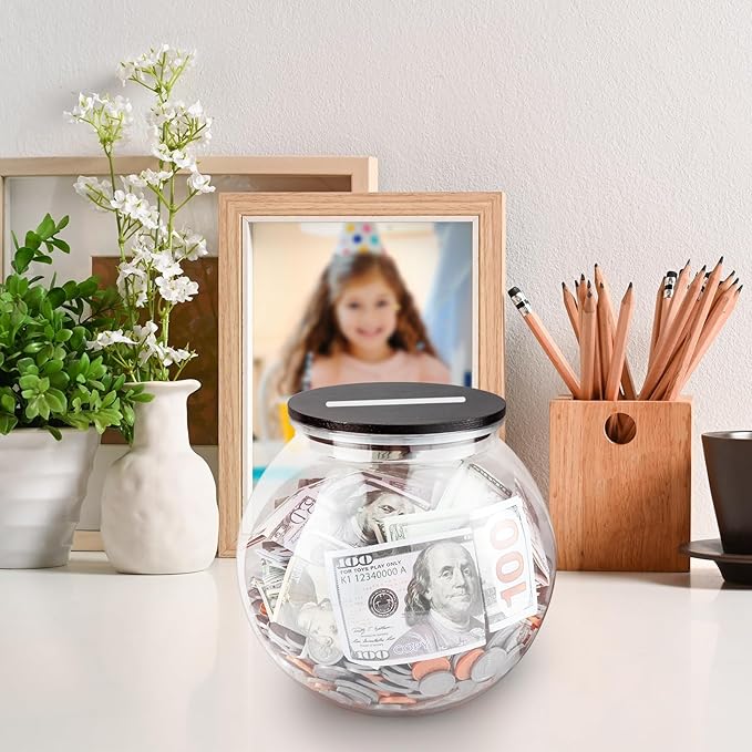 Large Clear Coin Bank Jar with Slotted Lid, 3/4 Gallon Plastic Money Tip Change Savings Coin Jar for Coin or Raffle Ticket, Big Money Coin Tip Piggy Change Bank Box for Adults Teens, Black