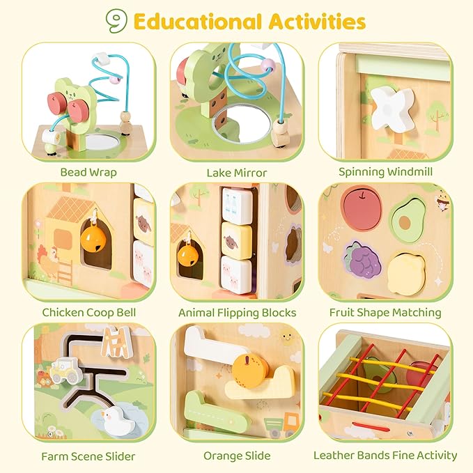ROBOTIME Wooden Activity Cube with Bear Orchard Theme, 9-in-1 Montessori Toys for 12M+ Boys & Girls, Educational Learning Toys for Toddlers Age 1-3, 1st Birthday Gift