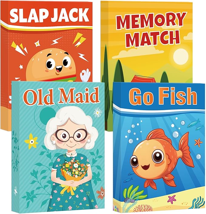 Card Games for Kids Toddlers,Go Fish,Old Maid,Slap Jack and Memory Match,4 Decks in 1 Pack,Fun Educational Gard Games for Family Game Night Table Games,Great Easter Basket Stuffers