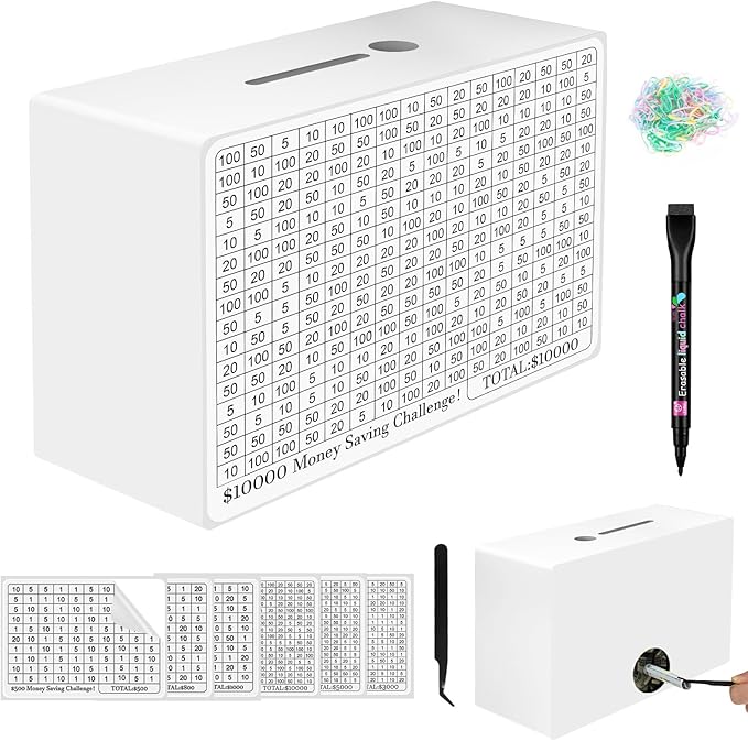 Wooden Money Saving Box, Cash Savings Box for $10000 $5000 $3000 $1000 $800 $500 Target Money Saving Challenge, Money Box with Counter/Dry Erase Pen/Savings Trackers/Rubber Band -White
