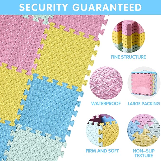 16 Tiles Foam Play Mat for Baby, Soft & Safe EVA Foam Mats for Floor, Square Baby Play Mat, Colored Kids Foam Puzzle Floor Mat, 47x47 Play Mat for Playpen(Pink/Yellow/Light Blue/Green)