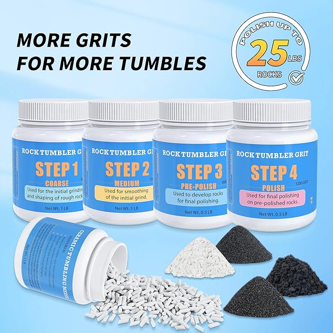 Rock Tumbler Polishing Grits and Ceramic Tumbling Media Kit | Essential for Polishing, 4 Steps Rock Tumbling Refill Media, Polish up to 25 lbs of Rocks, Work with Any Rock Tumblers, For More Tumbles