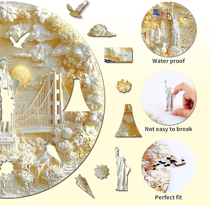 Wooden Puzzles for Adults,Statue of Liberty and Flag Puzzle, Unique Shaped Wooden Jigsaw Puzzles for Adults, Family Puzzle(100 Pieces 11.4X 11.4in 194pcs)